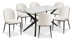 Ensemble de salle à manger Ace 7 pièces avec table de 63 po (L), dessus en verre et 6 chaises - brun et ivoire