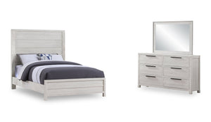 Ensemble de chambre à coucher Haven 5 pièces blanc avec lit à panneaux, commode et miroir - format grand lit