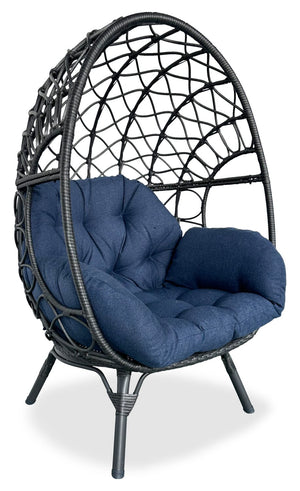 Fauteuil en forme d’œuf Coco de Kort & Co. pour la terrasse à l’extérieur - osier en résine tressé à la main, résistant aux rayons UV et aux intempéries - gris foncé et bleu