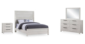 Ensemble de chambre à coucher Haven 6 pièces blanc avec lit à panneaux, commode, miroir et table de nuit - format grand lit