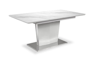 Table de salle à manger Naya de 63 po à 78,75 po (L) avec papillon se rangeant sous la table, en métal, en verre en imitation de marbre - blanche