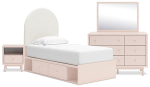 Ensemble de chambre à coucher Lola 6 pièces rose tendre avec lit de rangement en tissu bouclé, commode, miroir et table de nuit - format lit simple