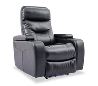  Fauteuil à inclinaison électrique Glow de 33 po en tissu d’apparence cuir noir avec accoudoirs de rangement et deux portes-gobelets