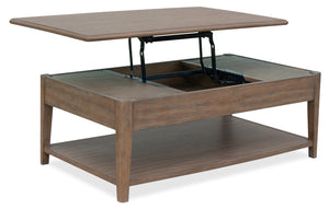 Table à café contemporaine Bennett de 48 po en bois massif avec dessus relevable, rangement, tablette et roulettes - taupe