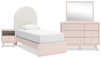  Ensemble de chambre à coucher Lola 5 pièces  avec lit à panneau en tissu bouclé rose tendre, commode, miroir et table de nuit - format lit simple