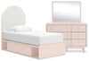 Ensemble de chambre à coucher Lola 5 pièces rose tendre avec lit de rangement en tissu bouclé, commode et miroir - format lit simple