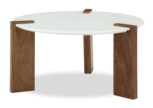 Table à café ronde Merlin de 33 po en bois massif et en marbre - blanche et brune