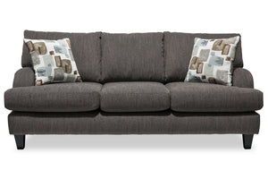 Sofa Nofia de 80 po fabriqué au Canada en tissu de chenille gris anthracite avec 2 coussins décoratifs et pattes en bois