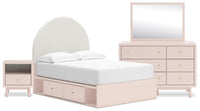  Ensemble de chambre à coucher Lola 6 pièces rose tendre avec lit de rangement en tissu bouclé, commode, miroir et table de nuit - format lit simple