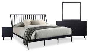 Milan 6pc Bedroom Set with Bed, Dresser, Mirror & Nightstand, Mid-Century Modern, Black - King Size