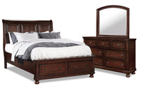  Ensemble de chambre à coucher Chelsea 5 pièces avec lit de rangement, commode et miroir, brun cerisier - format grand lit