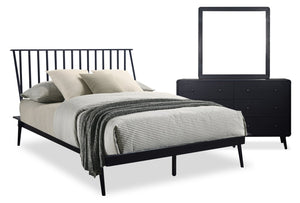 Milan 5pc Bedroom Set with Bed, Dresser & Mirror, Mid-Century Modern, Black - Queen Size