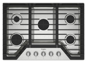 Surface de cuisson à gaz Whirlpool de 30 po avec 5e brûleur et grilles en fonte à charnières EZ-2-LiftMC - WCGK7030PS