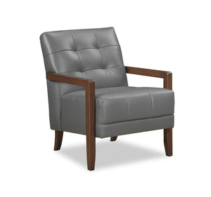 Fauteuil d’appoint Enzo de 26 po en cuir véritable avec capitonnage en biscuit, accoudoirs rectilignes et pattes en bois - gris foncé