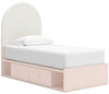 Lit de rangement Lola rose tendre en tissu bouclé blanc et avec 2 tiroirs latéraux intégrés pour enfants - format lit simple