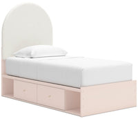  Lit de rangement Lola rose tendre en tissu bouclé blanc et avec 2 tiroirs latéraux intégrés pour enfants - format lit simple