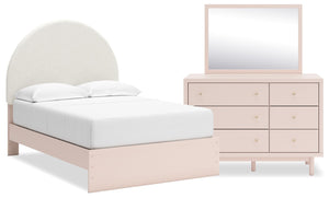 Ensemble de chambre à coucher Lola 5 pièces avec lit à panneau en tissu bouclé rose tendre, commode et miroir - format lit double