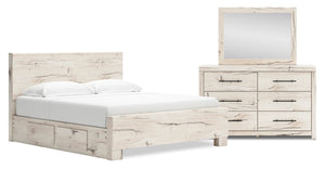 Ensemble de chambre à coucher Derekson 5 pièces blanc rustique avec lit de rangement latéral, commode et miroir - format très grand lit