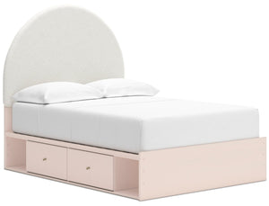 Lit de rangement Lola rose tendre en tissu bouclé blanc avec 2 tiroirs latéraux intégrés - format lit double