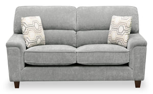 Causeuse Lyric de 64,1 po en tissu de chenille gris avec coussins de siège réversibles, coussins décoratifs et pattes en bois