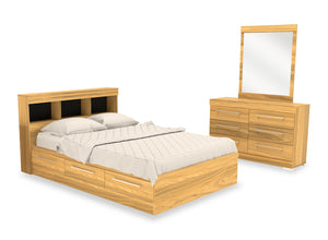 Ensemble lit matelot Riley 5 pièces avec tête de lit bibliothèque, commode et miroir, naturel - format lit double