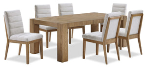 Ensemble de salle à manger Lotus 7 pièces en bois avec table de 82 po (L) et 6 chaises en tissu - naturel et gris