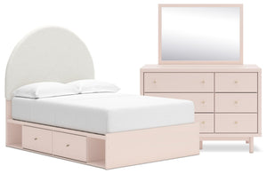 Ensemble de chambre à coucher Lola 5 pièces rose tendre avec lit de rangement en tissu bouclé, commode et miroir - format lit double