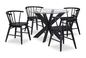 Ensemble de salle à manger Remi 5 pièces en verre et bois avec table ronde de 42 po (L) et 4 chaises à dossier à barreaux en forme de fuseau - noir