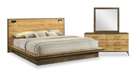  Ensemble de chambre à coucher Silas 5 pièces brun rustique avec lit plateforme, commode, miroir et éclairage à DEL - format très grand lit