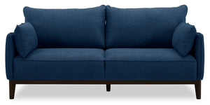 Sofa Gena Cindy Crawford Home de 85 po de format condo en tissu d’apparence lin bleu minuit avec coussins de dossier amovibles