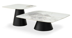 Ensemble table à café de 39,5 po et table de bout modernes Hazel avec dessus en pierre frittée blanche - noir et blanc