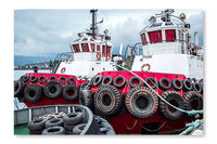 Two Tugboats in The Port 16 po x 24 po : Oeuvre d’art murale en panneau de tissu sans cadre