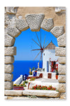  Windmill Through An Old Window In Santorini Island 28 po x 42 po : Cadre d'art mural et panneau de tissu