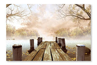 Wooden Dock with Tree Branches 24 po x 36 po : Oeuvre d’art murale en panneau de tissu sans cadre