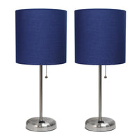 Ensemble 2 lampes Limelights bleu marine avec pied mince acier brossé et prise de recharge