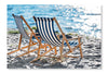 Striped Chaise Lounges and Cooler on Sandy Beach 28 po x 42 po : Oeuvre d’art murale en panneau de tissu sans cadre