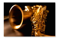 Tenor Sax Golden Saxophone Macro Selective Focus 24 po x 36 po : Oeuvre d’art murale en panneau de tissu sans cadre