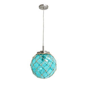 Luminaire suspendu Elegant Designs bouée en verre entouré d’un filet de corde nautique, turquoise