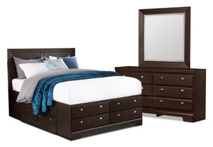 Ensemble de chambre à coucher Yorkdale 5 pièces avec lit de rangement à 12 tiroirs, commode et miroir, brun - format grand lit