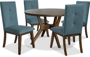 Ensemble de salle à manger Chelsea 5 pièces avec table ronde de 48 po (L) et 4 chaises bleues - brun noyer