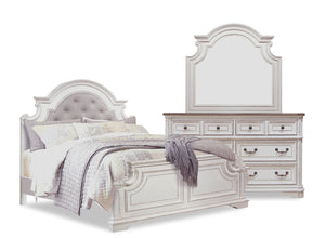 Ensemble de chambre à coucher Grace 5 pièces en bois et en tissu avec lit, commode et miroir, blanc antique - format très grand lit