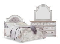  Ensemble de chambre à coucher Grace 5 pièces en bois et en tissu avec lit, commode et miroir, blanc antique - format grand lit