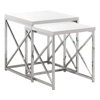 Table gigogne blanc lustré et métal chromé, ensemble de 2