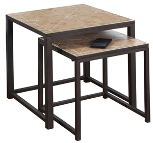 Table gigogne brune avec dessus à carreaux terracotta, ensemble de 2