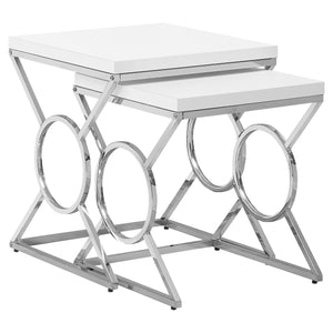 Table gigogne blanc lustré et métal chromé, ensemble de 2