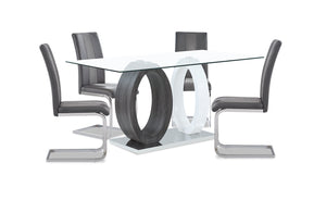 Ensemble de salle à manger Jaye 5 pièces avec table de 63 po (L), dessus en verre, base piédestal et 4 chaises - gris et blanc