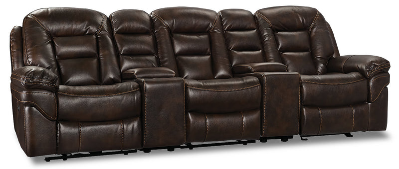Leo Leath-Aire® Fabric 5-Piece Power Reclining Home Theatre Sectional – Walnut - Contemporary style Sectional in Walnut