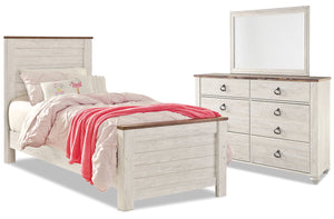 Ensemble de chambre à coucher Willowton 5 pièces pour enfants avec lit, commode et miroir, blanchi - format lit simple