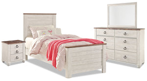 Ensemble de chambre à coucher Willowton 6 pièces pour enfants avec lit, commode, miroir et table de nuit, blanchi - format lit simple