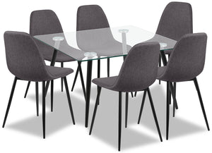 Ensemble de salle à manger Wilma 7 pièces en métal avec table de 55 po (L), dessus en verre et 6 chaises - gris